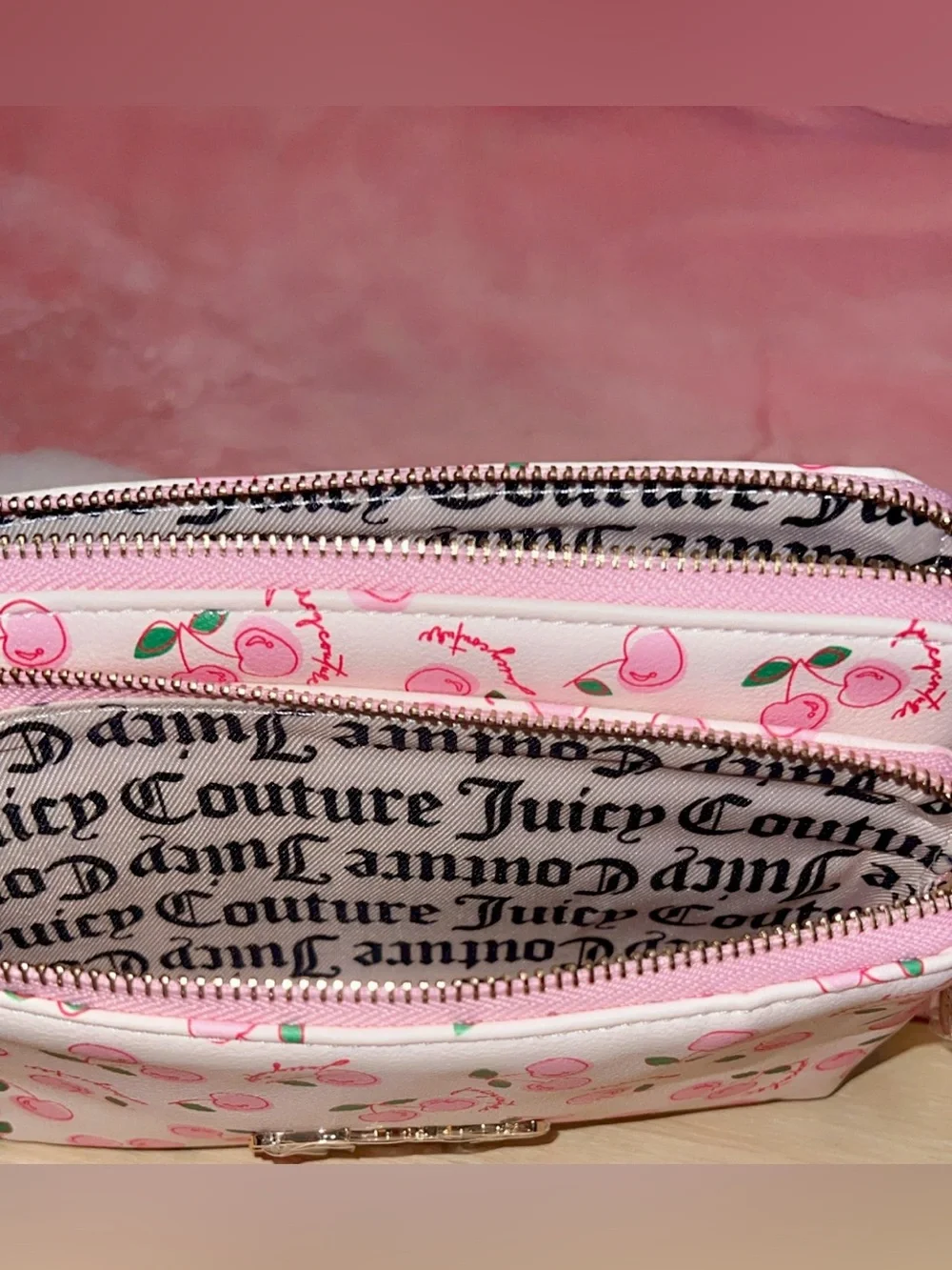 Juicy Couture Light Pink Cherry Wallet with Gold Logo and Pink Cherry Keychain